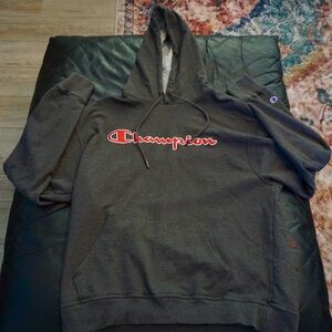 Men’s Champion Charcoal Hoodie with Red Accents. Men’s XL.